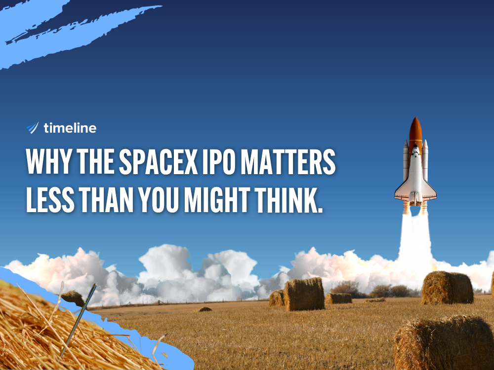Graphic with the headline “Why the SpaceX IPO Matters Less Than You Might Think” over an image of a space shuttle launching above a harvested field with hay bales. Timeline logo appears in the top left.