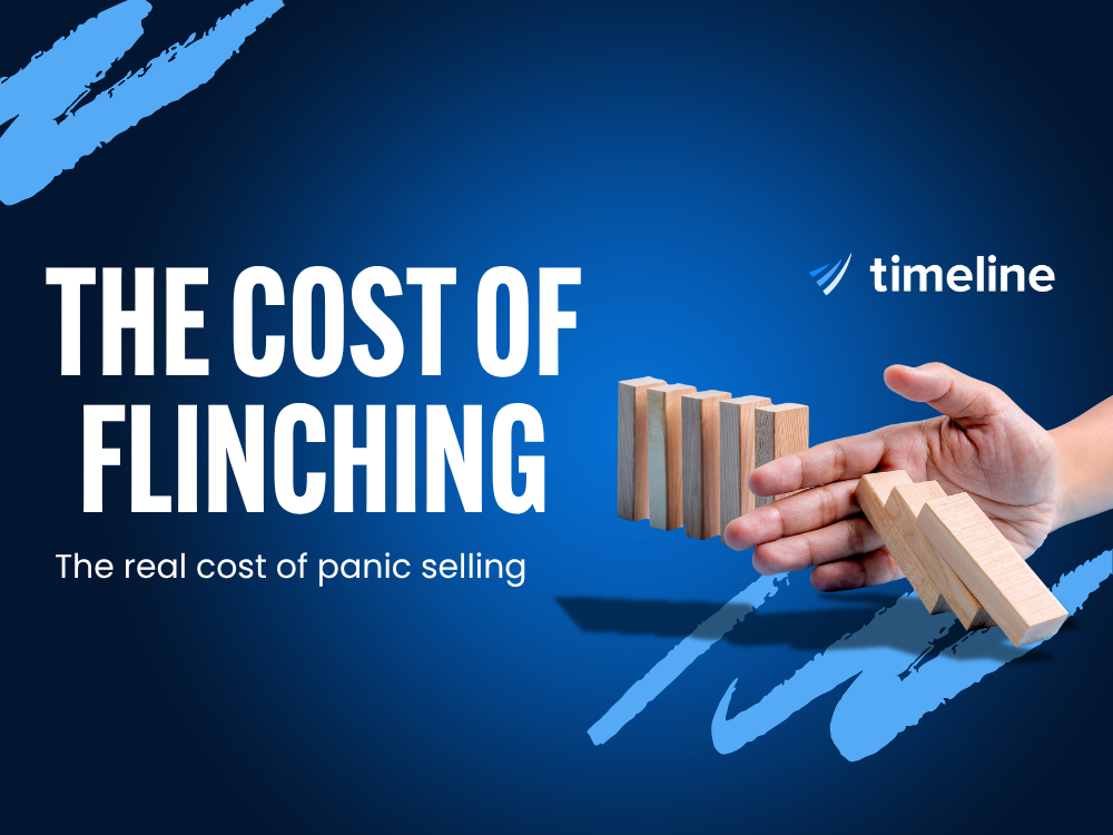 The Cost of Flinching: a hand stopping a line of falling wooden dominoes, illustrating the real cost of panic selling during market volatility.